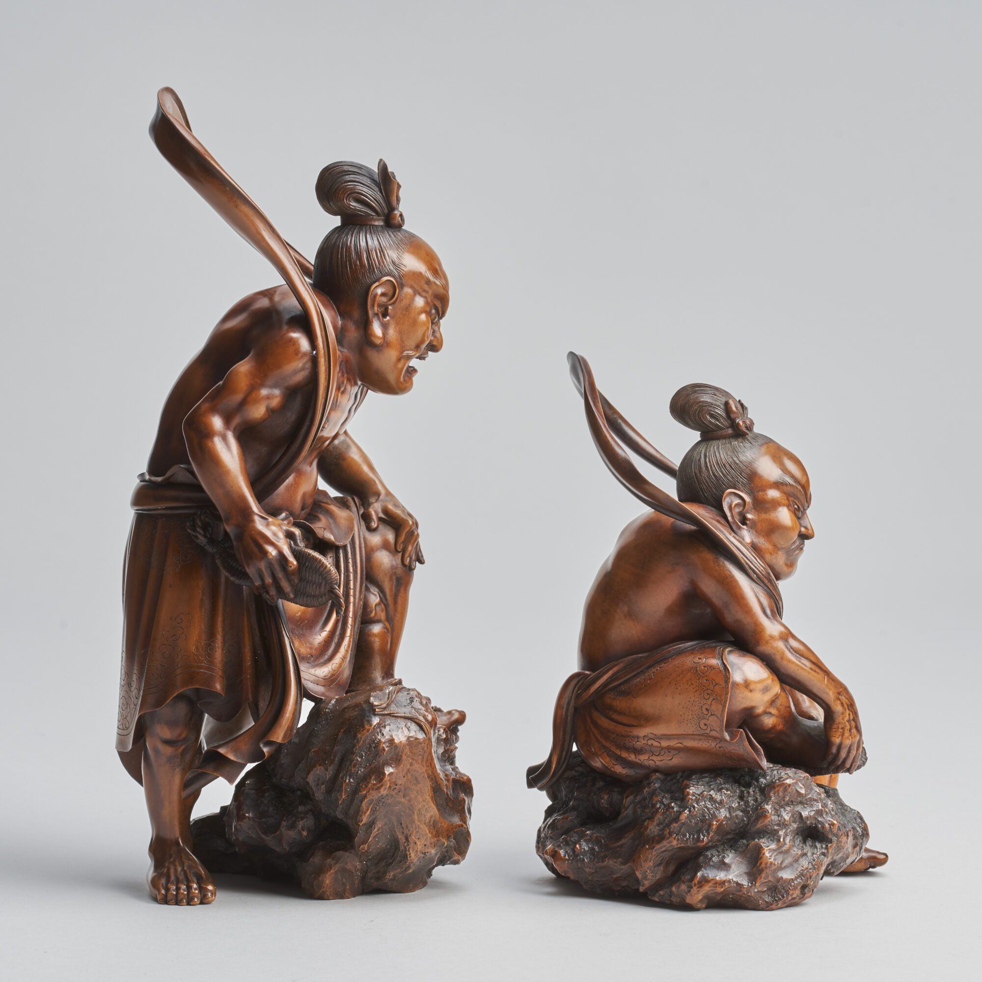 A fascinating, Japanese wood-carved Okimono pair of Temple Guardians (Nio) from Kevin Page