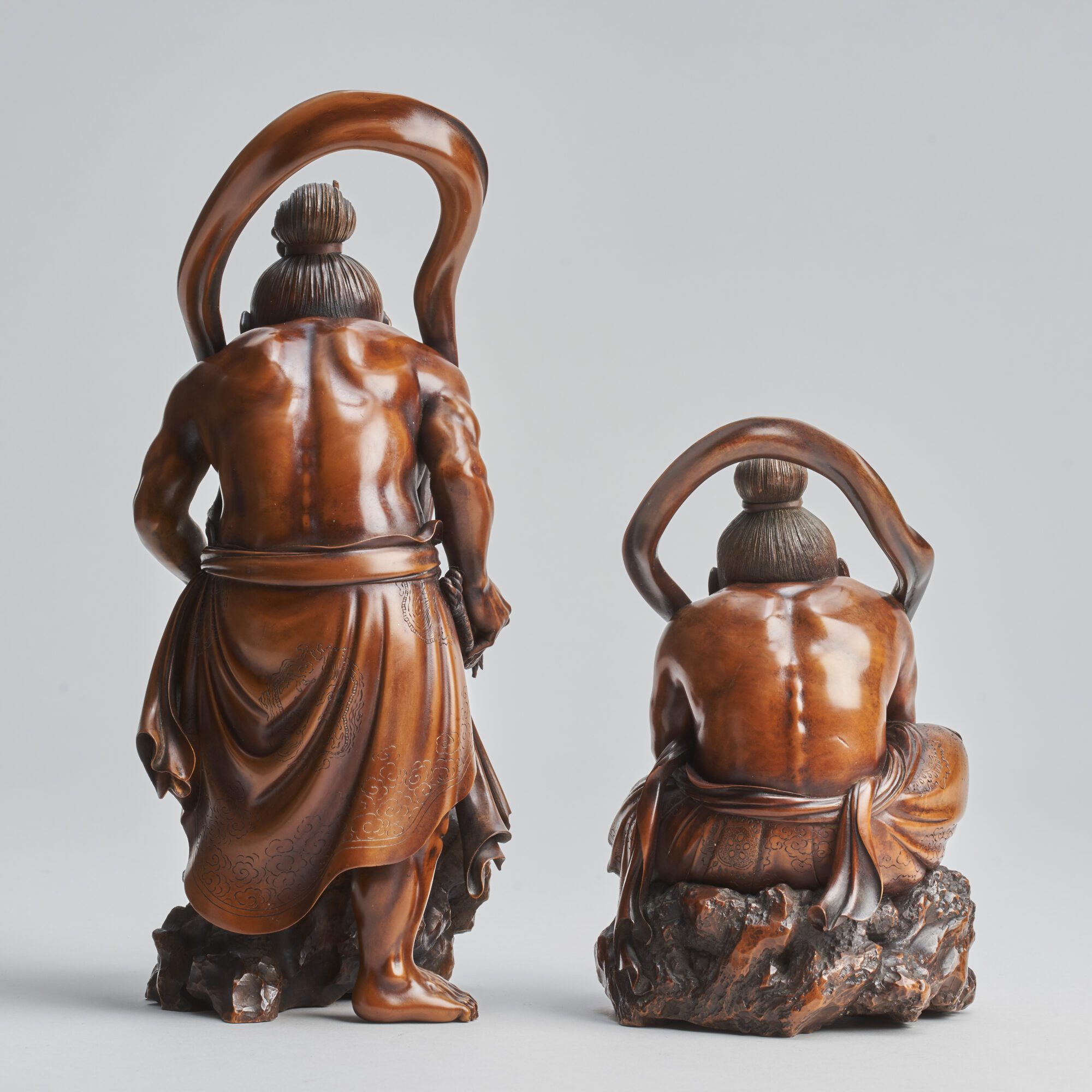 A fascinating, Japanese wood-carved Okimono pair of Temple Guardians (Nio) from Kevin Page