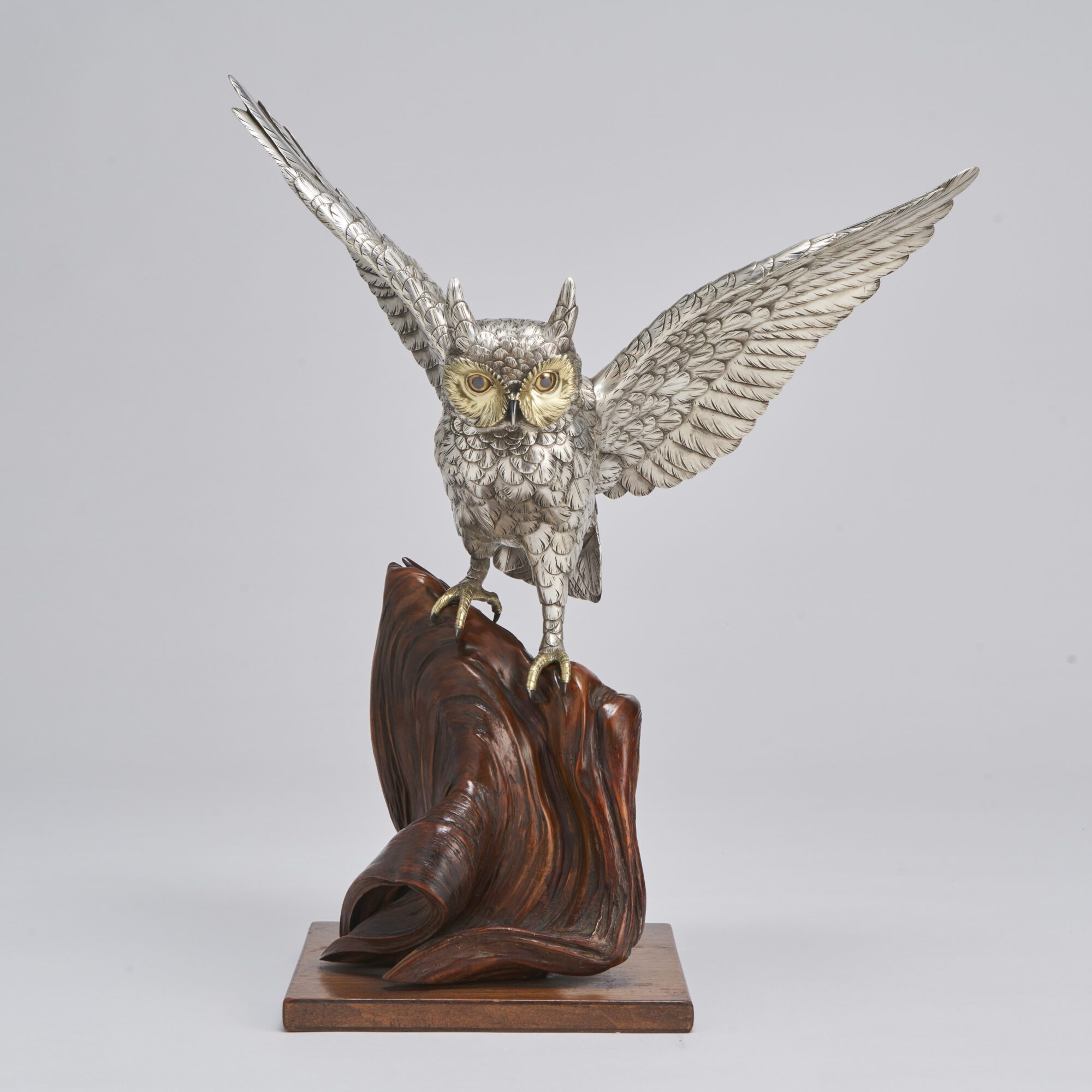 A captivating Silvered Bronze Okimono of a Japanese Long Eared Owl from Kevin Page