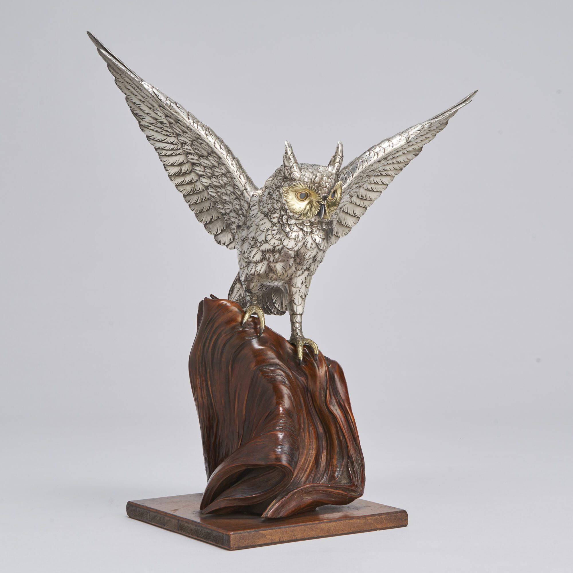 A captivating Silvered Bronze Okimono of a Japanese Long Eared Owl from Kevin Page