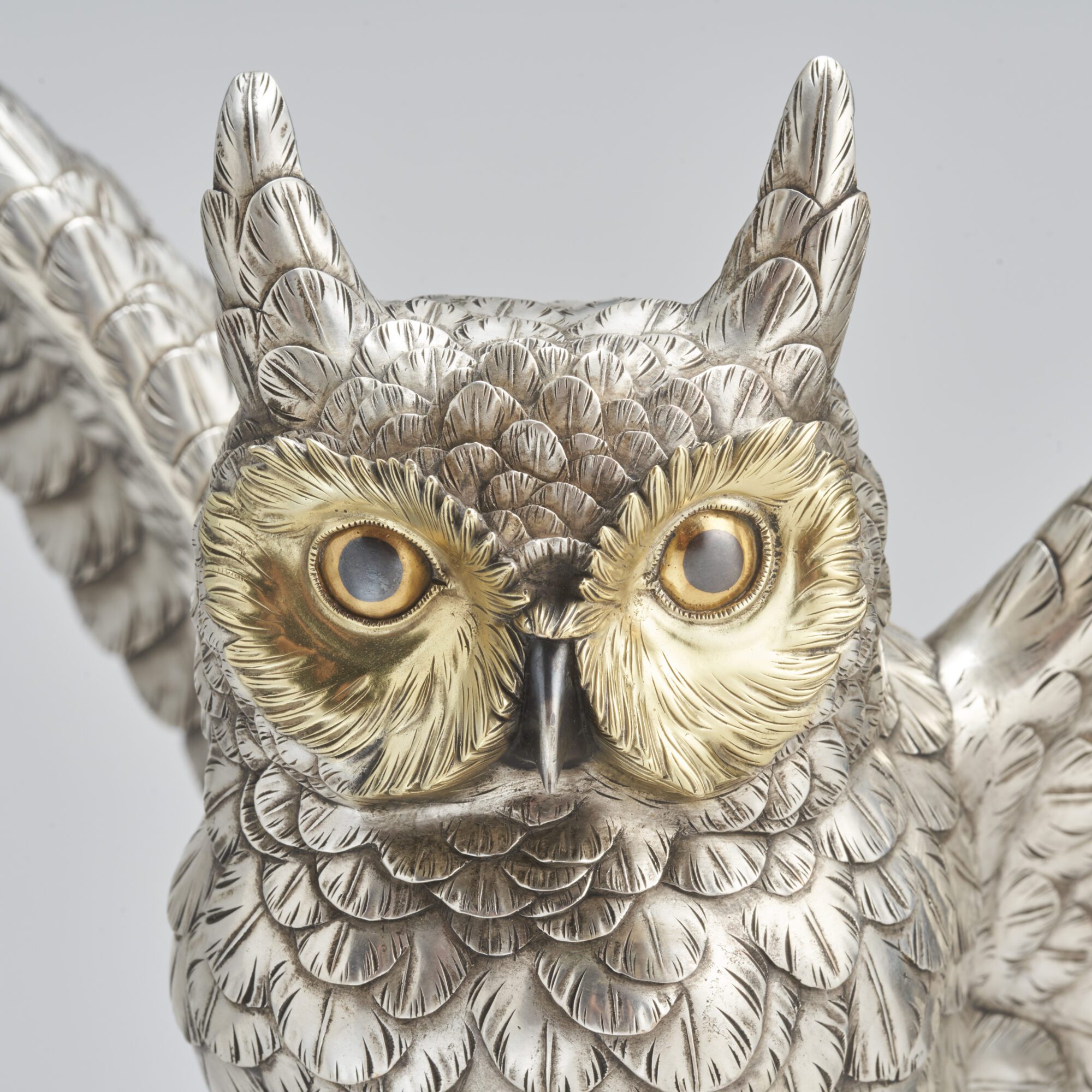 A captivating Silvered Bronze Okimono of a Japanese Long Eared Owl from Kevin Page