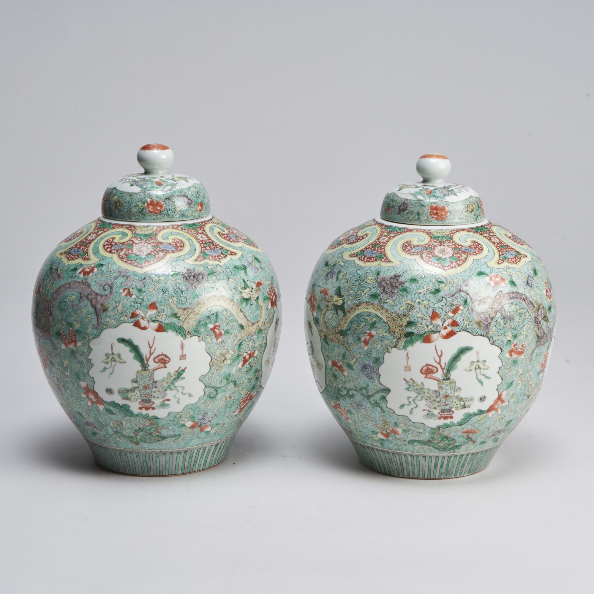 A finely painted pair of 19th Century Chinese famille verte jars and covers from Kevin Page